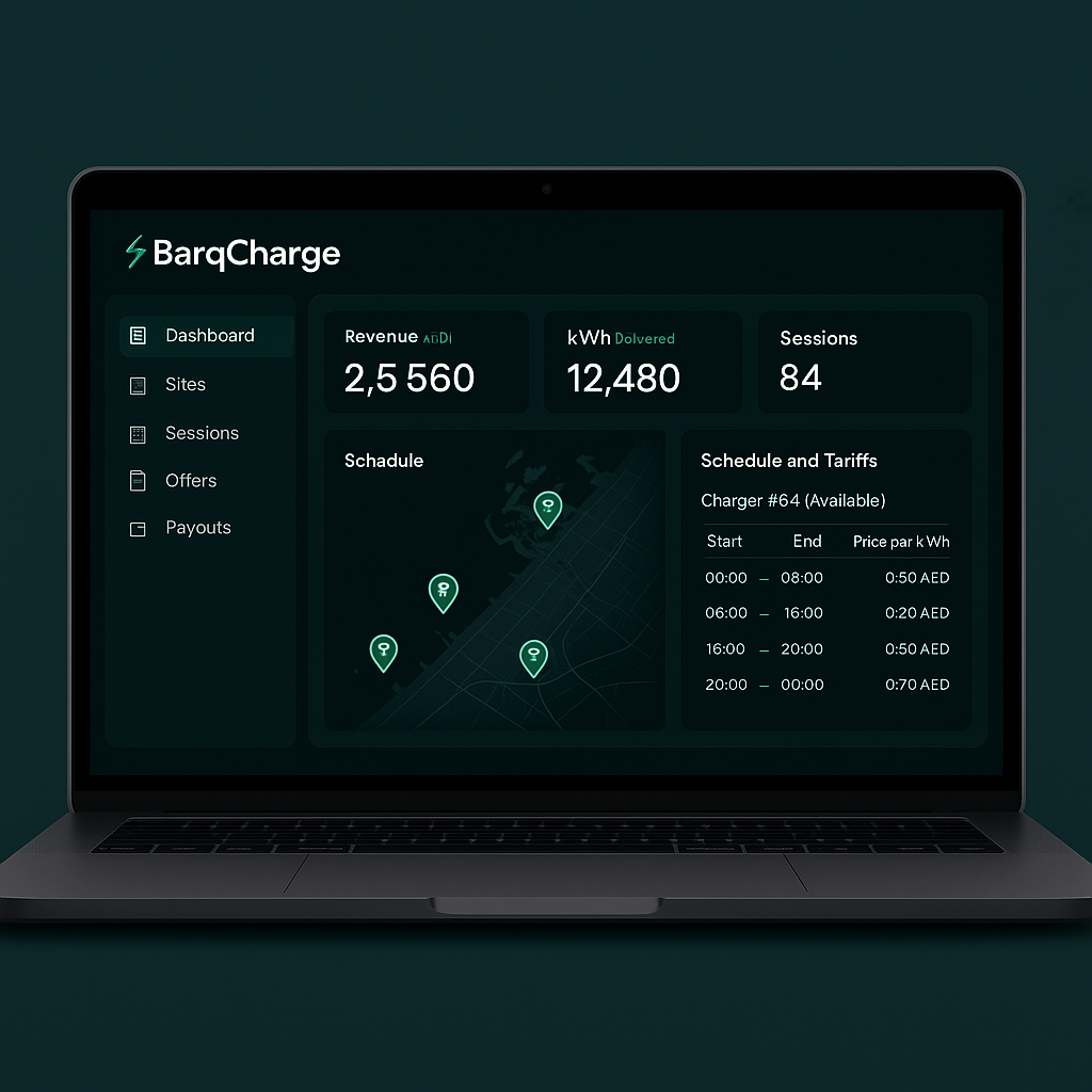 BarqCharge CPO Portal dashboard showing earnings, revenue statistics, charging session management, and tariff scheduling interface
