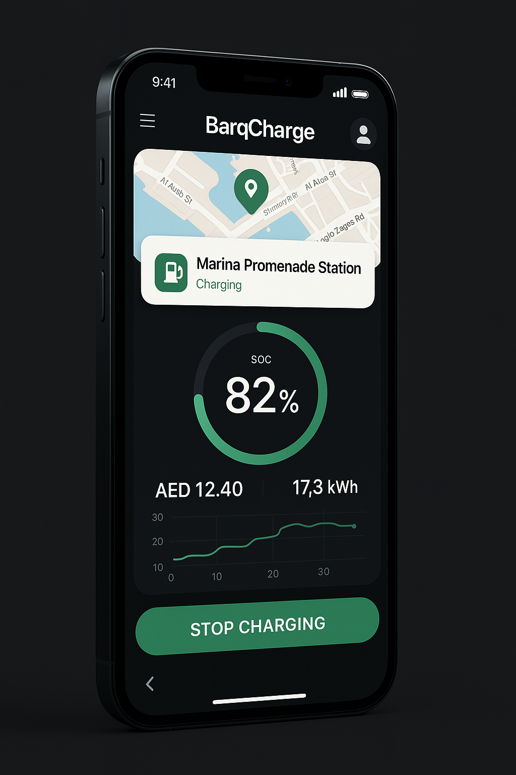BarqCharge mobile driver app showing live charging session with 82% battery level, AED 12.40 cost, Marina Promenade Station location and stop charging button